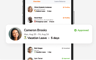 Employee leave management system with time-off requests, approvals and balances