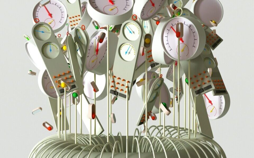 AI readiness indicators represented through clocks and gauges symbolizing AI maturity assessment across capabilities