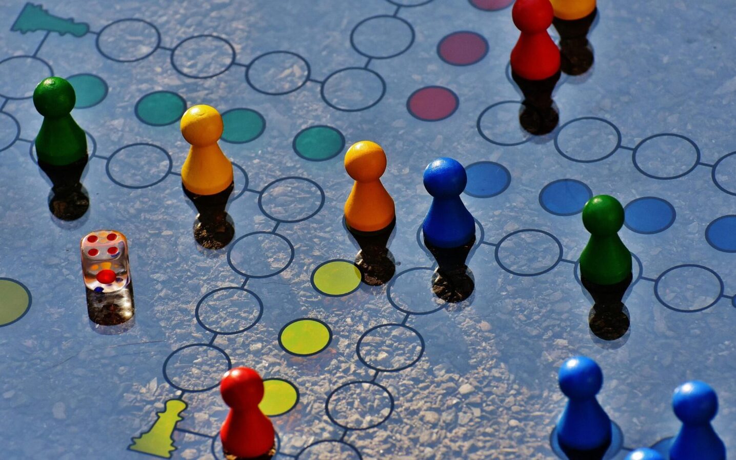 Strategic planning board with colored pieces representing AI strategy decisions and business priorities