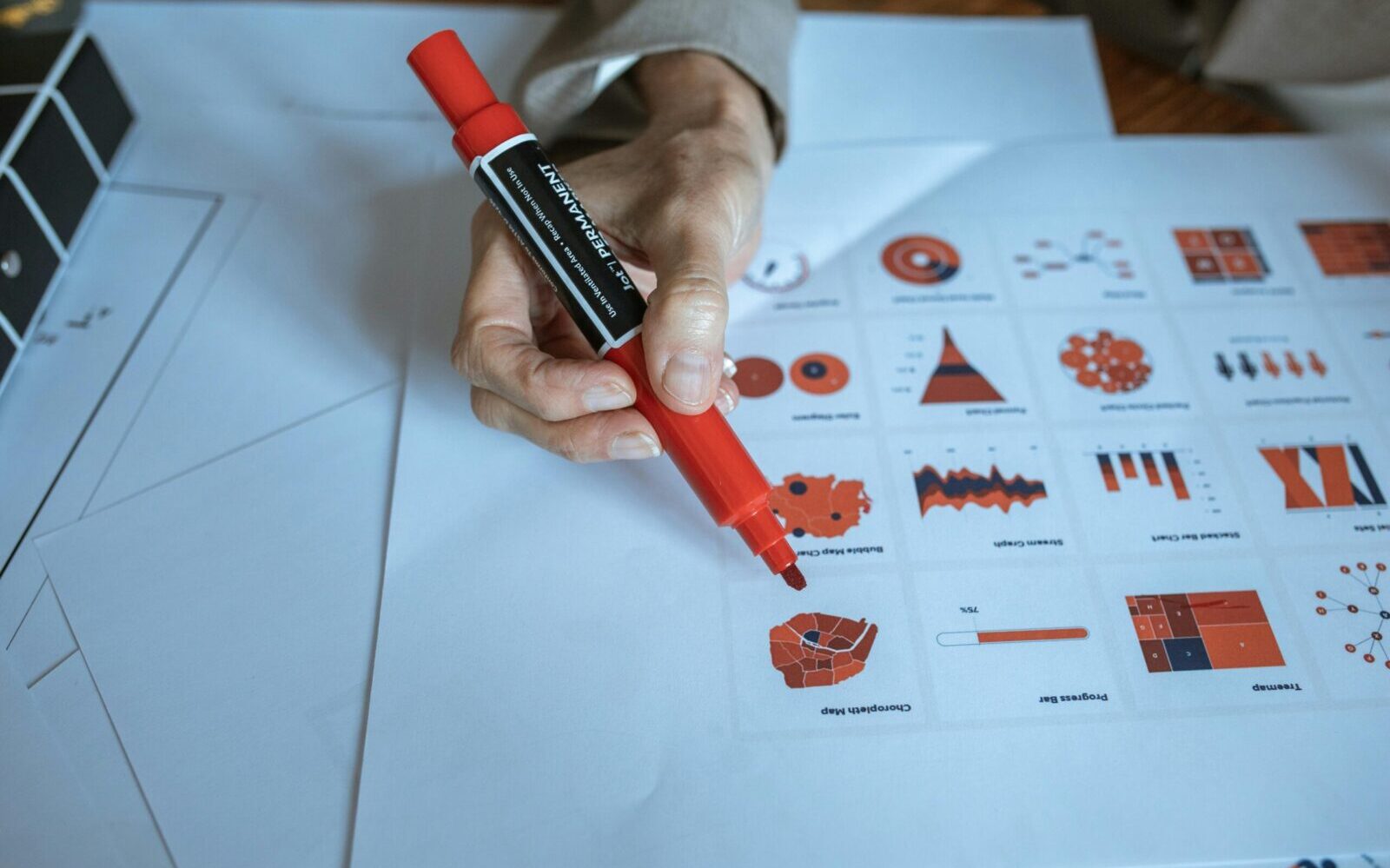 Business leader analyzing charts and marking data metrics for data governance and strategy development